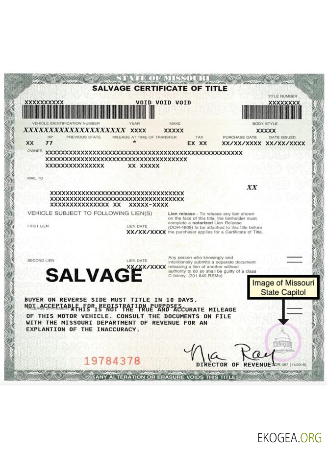 Certificat de titre de sauvetage aux États Unis dans le Missouri